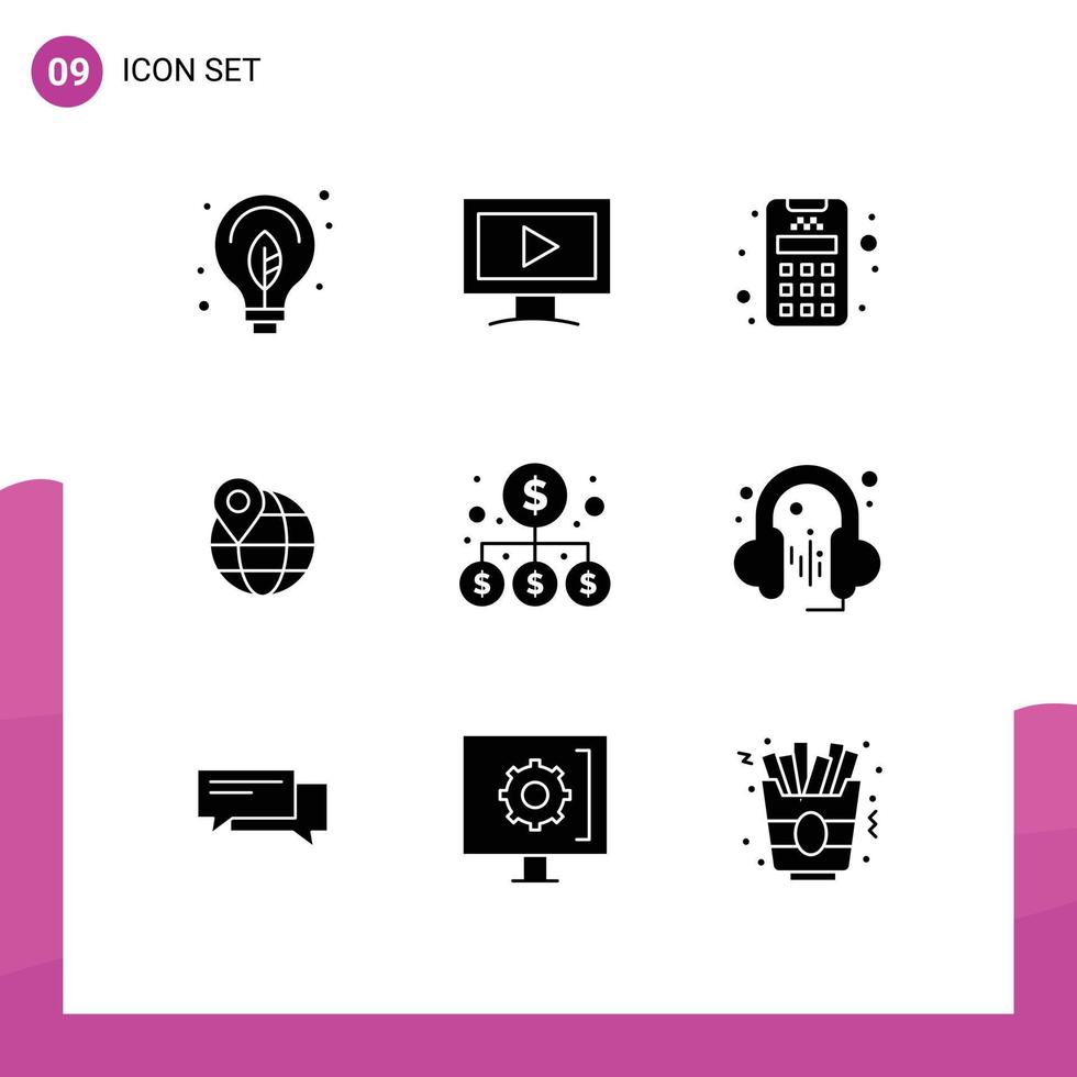 Group of 9 Solid Glyphs Signs and Symbols for money business credit money globe Editable Vector Design Elements