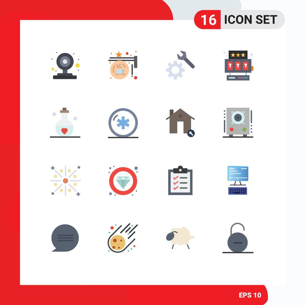 Pack of 16 Modern Flat Colors Signs and Symbols for Web Print Media such as passion love sign game slot machine Editable Pack of Creative Vector Design Elements