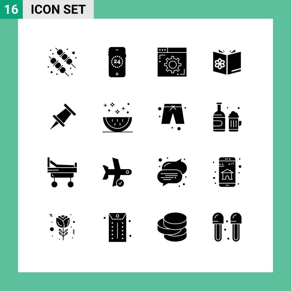 16 Thematic Vector Solid Glyphs and Editable Symbols of cooking marker setting spa school learn Editable Vector Design Elements