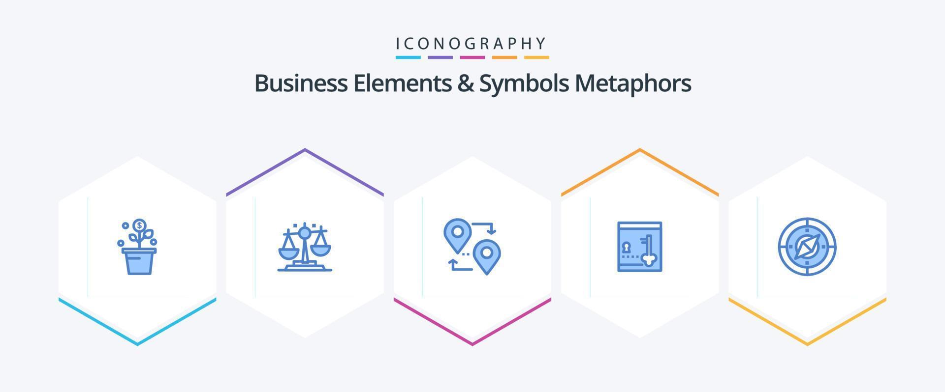 Business Elements And Symbols Metaphors 25 Blue icon pack including navigation. lock. finance. locker. travel vector