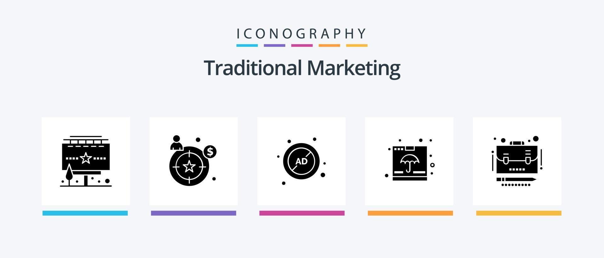 Traditional Marketing Glyph 5 Icon Pack Including business. insurance. ad block. fragile. box. Creative Icons Design vector