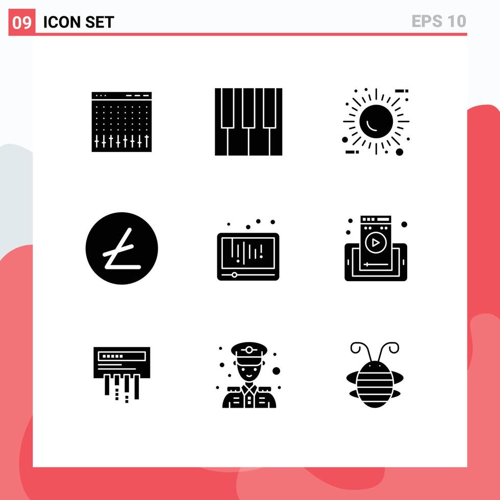 Pictogram Set of 9 Simple Solid Glyphs of media cryptocurrency sun blockchain environment Editable Vector Design Elements