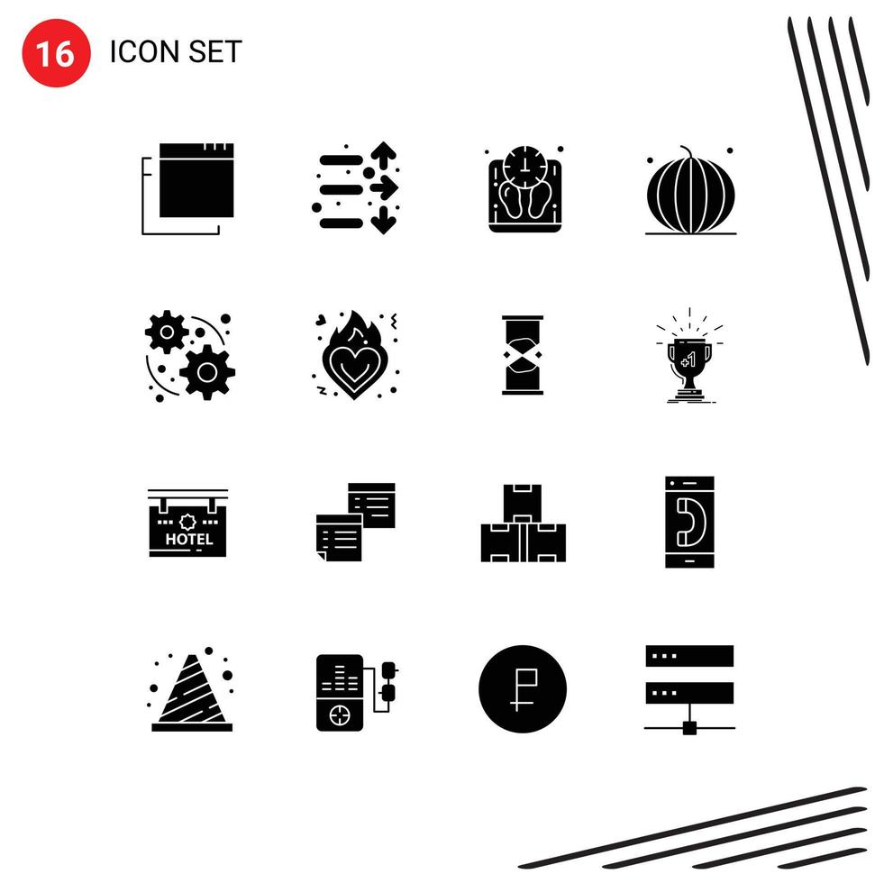 Set of 16 Vector Solid Glyphs on Grid for gear development weight vegetables pumpkin Editable Vector Design Elements