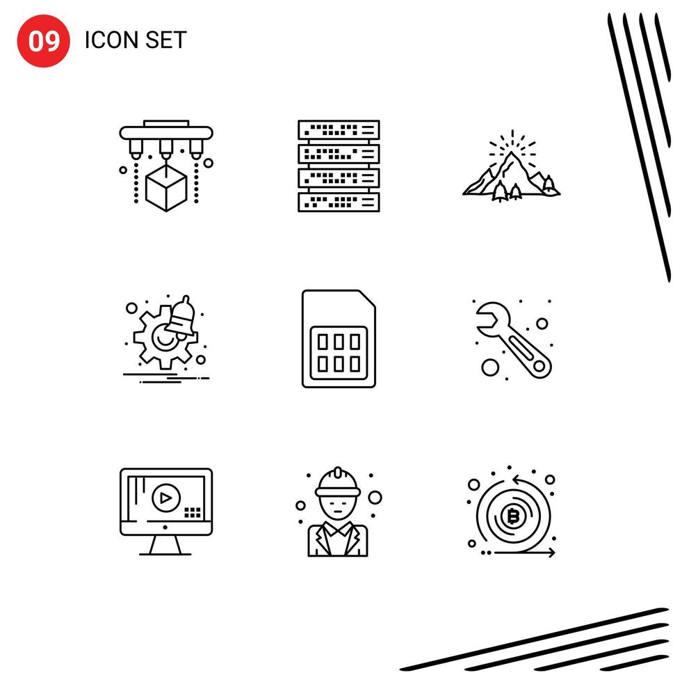 conjunto de 9 iconos de interfaz de usuario modernos signos de símbolos para notificaciones de configuración de paisaje de tiempo móvil elementos de diseño de vector editables