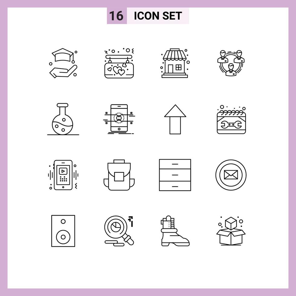 16 Universal Outline Signs Symbols of boiling flask social shopping people communication Editable Vector Design Elements