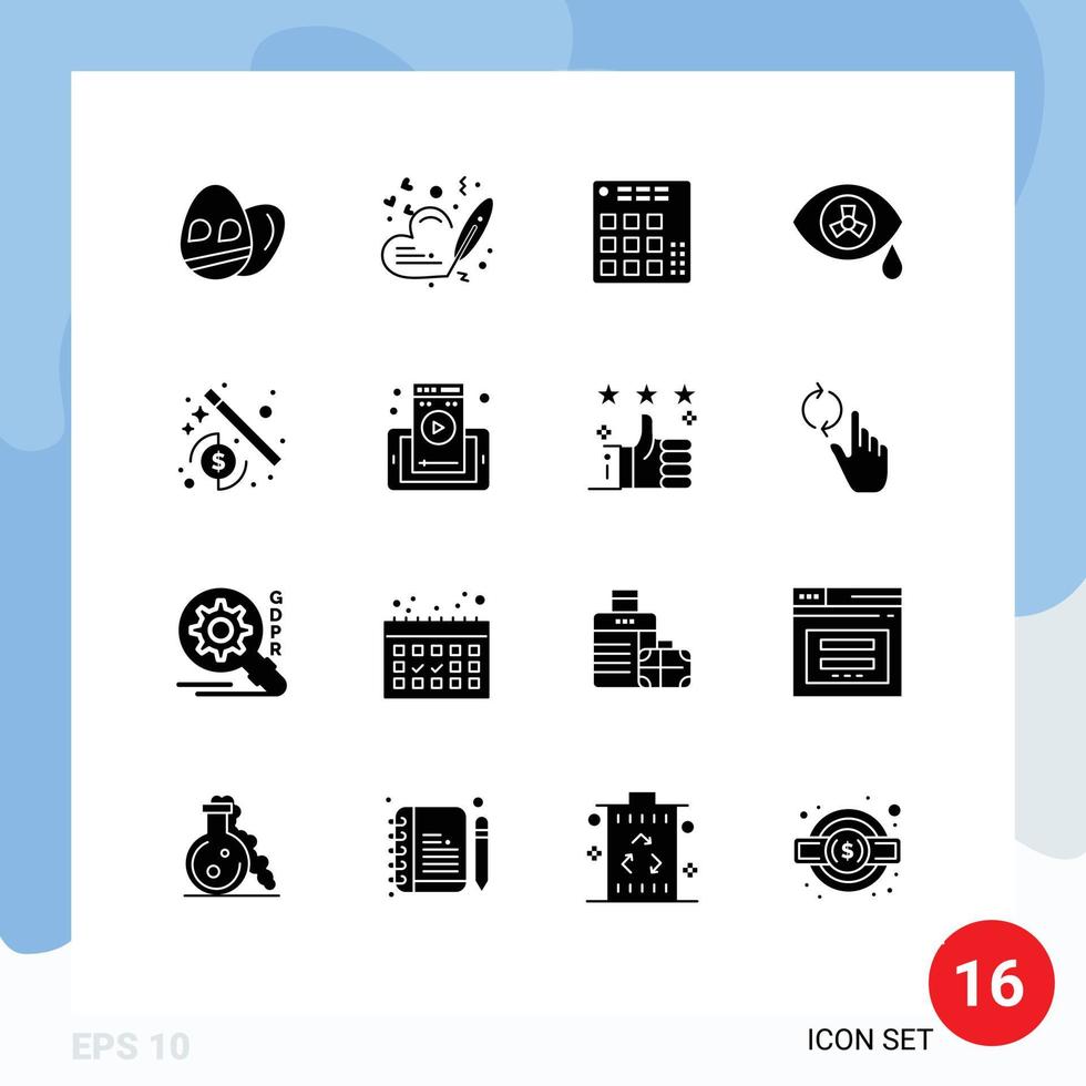 paquete de 16 signos y símbolos de glifos sólidos modernos para medios de impresión web, como elementos de diseño de vectores editables de mutación zombi controlador de dinero asistente