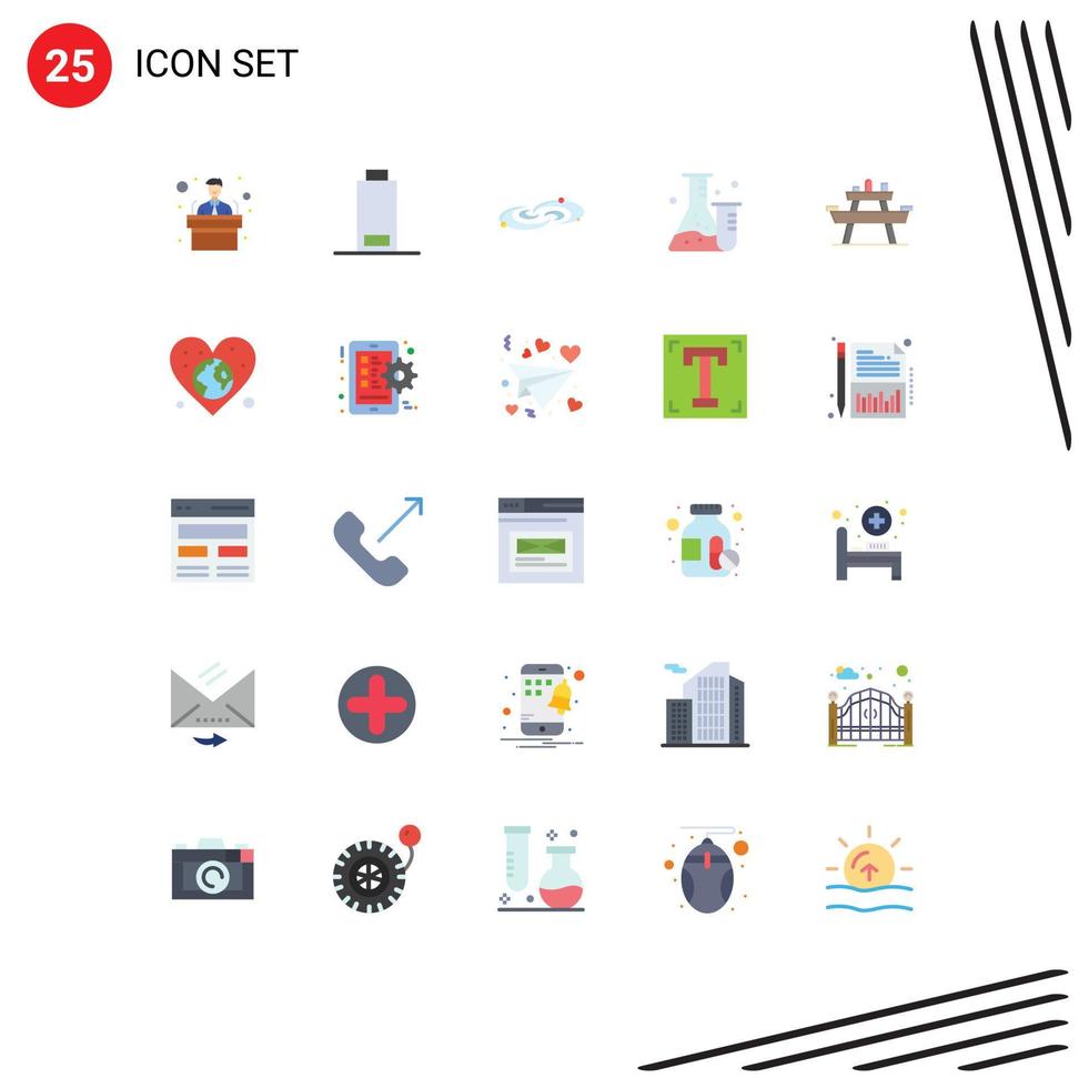 25 User Interface Flat Color Pack of modern Signs and Symbols of park bench planets science tube Editable Vector Design Elements