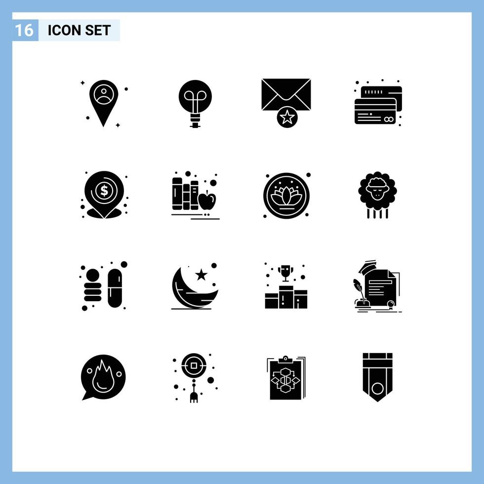 Set of 16 Commercial Solid Glyphs pack for location loan star lend payment Editable Vector Design Elements