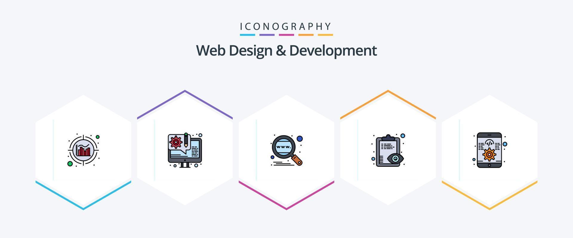 diseño y desarrollo web Paquete de iconos de 25 líneas completas que incluye la aplicación. vista. análisis. visión general. en todo el mundo vector