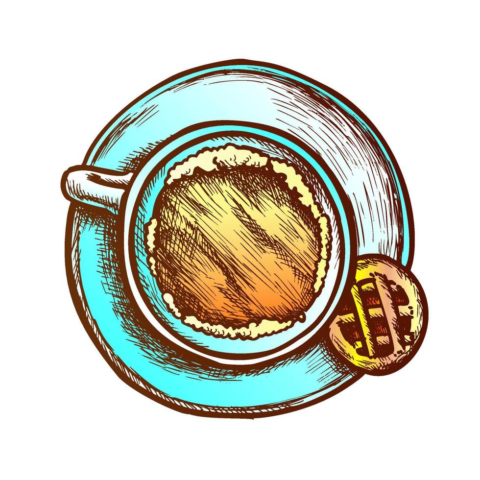 Coffee In Cup On Plate And Cookie Retro Vector