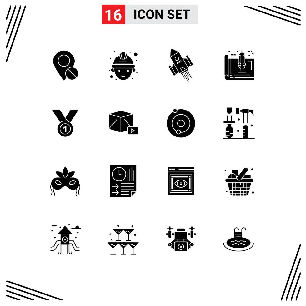 Pack of 16 Modern Solid Glyphs Signs and Symbols for Web Print Media such as plan estate space craft blueprint launch Editable Vector Design Elements