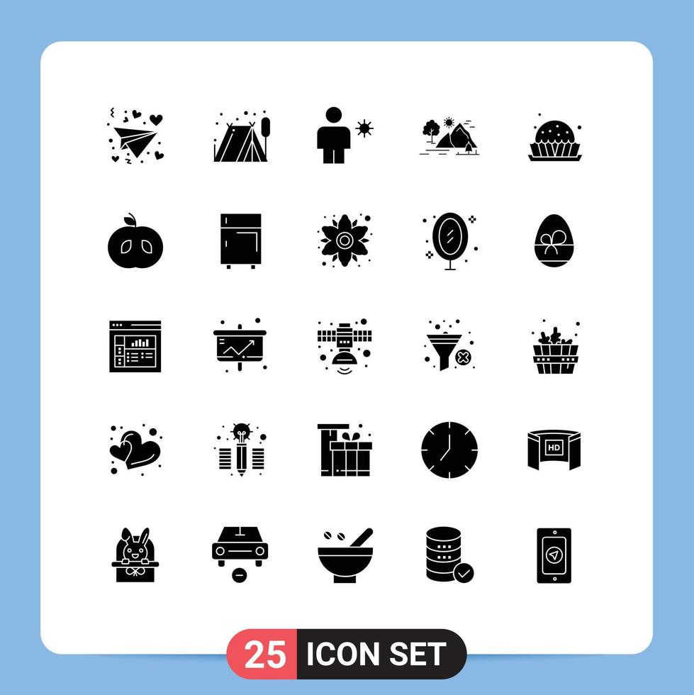 Set of 25 Vector Solid Glyphs on Grid for food sun human mountain landscape Editable Vector Design Elements