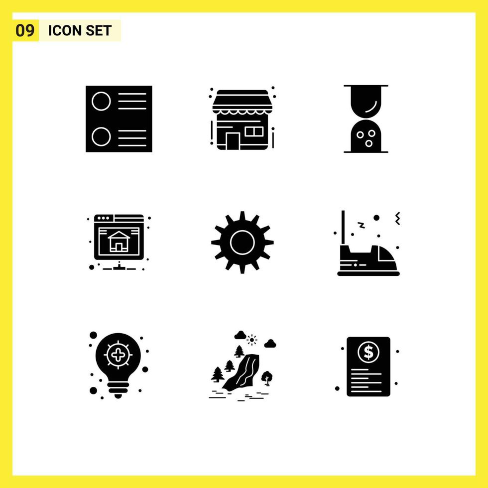 9 User Interface Solid Glyph Pack of modern Signs and Symbols of electric gear outline cogs hosting Editable Vector Design Elements