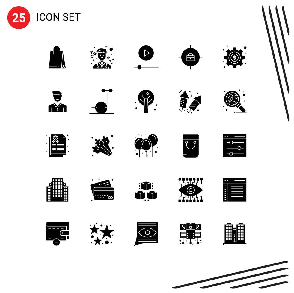 25 Universal Solid Glyph Signs Symbols of client seo player money achievements Editable Vector Design Elements