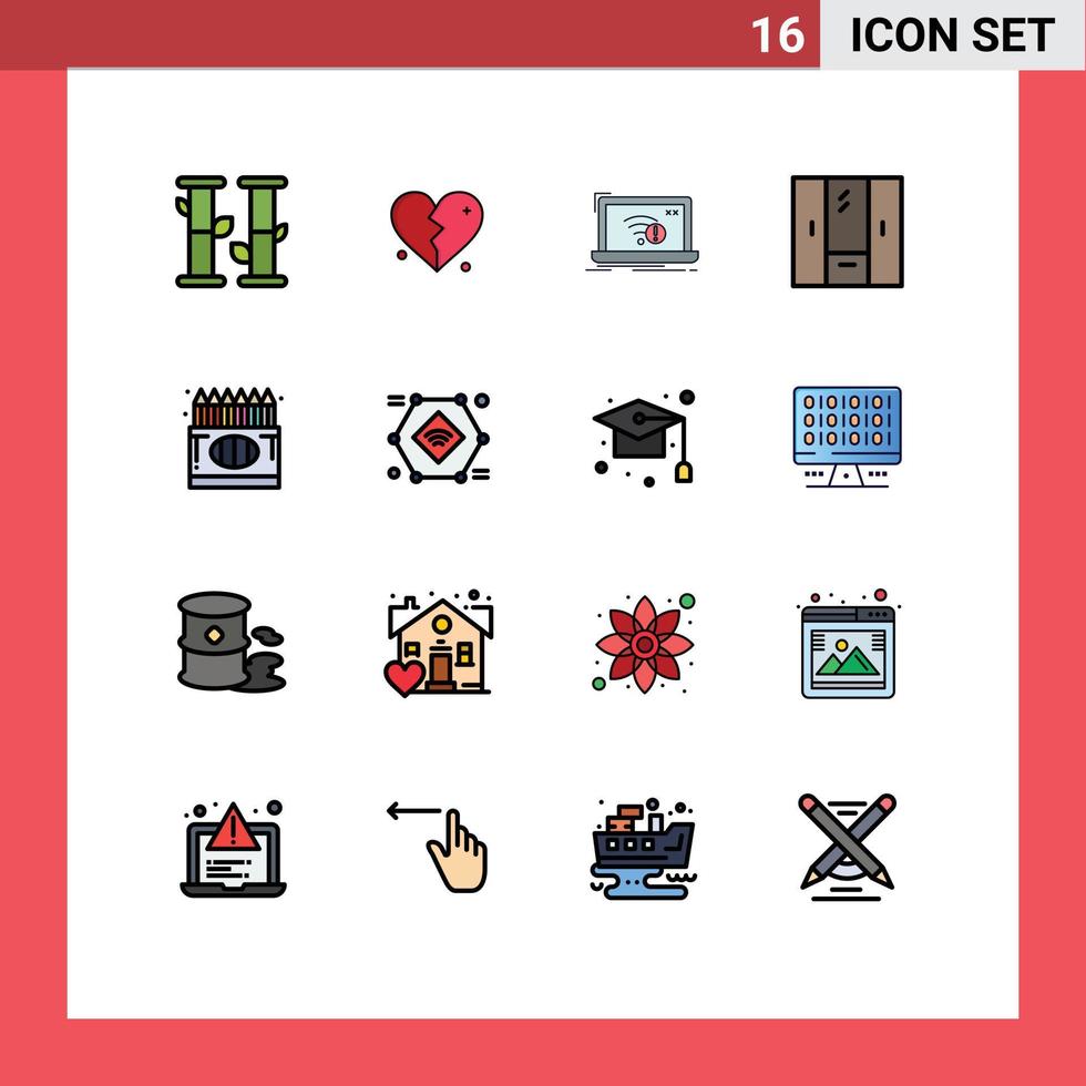 User Interface Pack of 16 Basic Flat Color Filled Lines of back to school interior error furniture closet Editable Creative Vector Design Elements