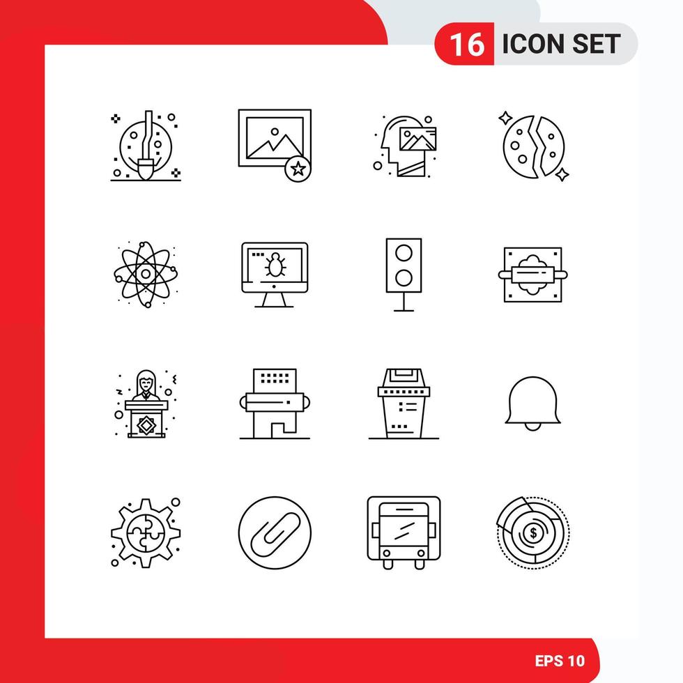 Pack of 16 Modern Outlines Signs and Symbols for Web Print Media such as atom planet mind galaxy astronomy Editable Vector Design Elements