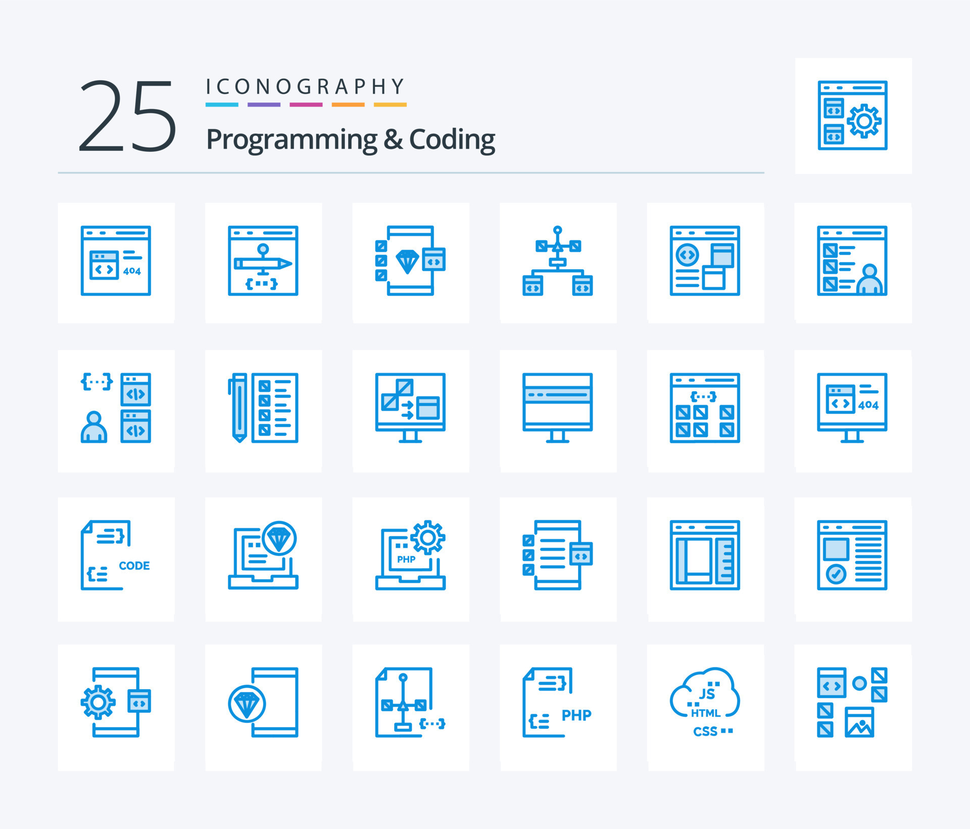 programación y codificación de 25 paquetes de iconos de color azul que ...