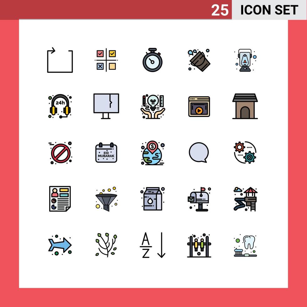 Editable Vector Line Pack of 25 Simple Filled line Flat Colors of lantern tool compass firefighter bucket Editable Vector Design Elements