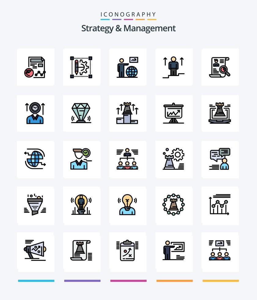Creative Strategy And Management 25 Line FIlled icon pack  Such As man. up. setting. user. arrow vector