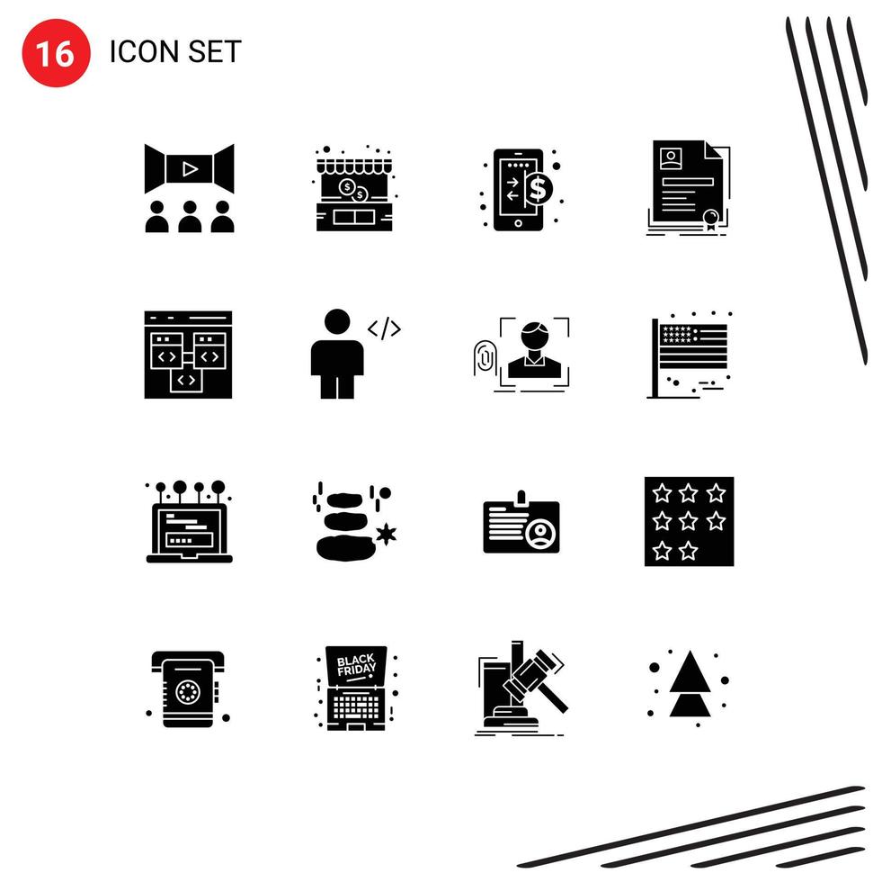 Mobile Interface Solid Glyph Set of 16 Pictograms of app agreement business business contract Editable Vector Design Elements