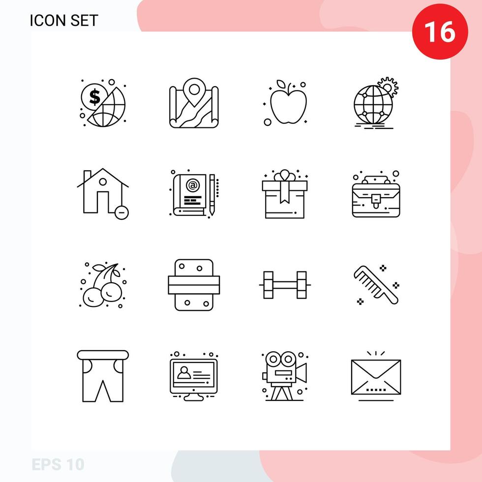 16 User Interface Outline Pack of modern Signs and Symbols of buildings world wide destination globe international Editable Vector Design Elements