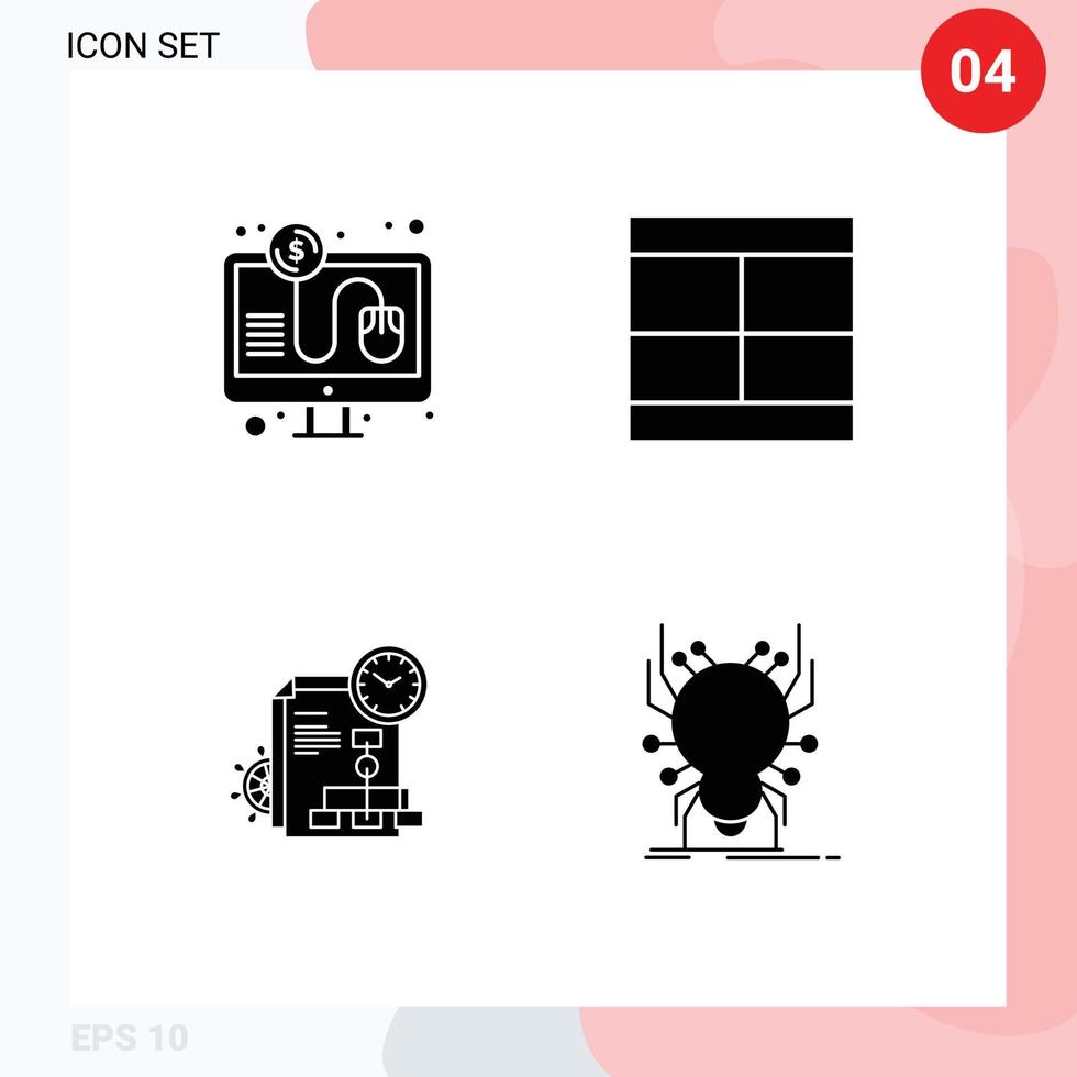 4 Universal Solid Glyphs Set for Web and Mobile Applications click time online payment draw report Editable Vector Design Elements