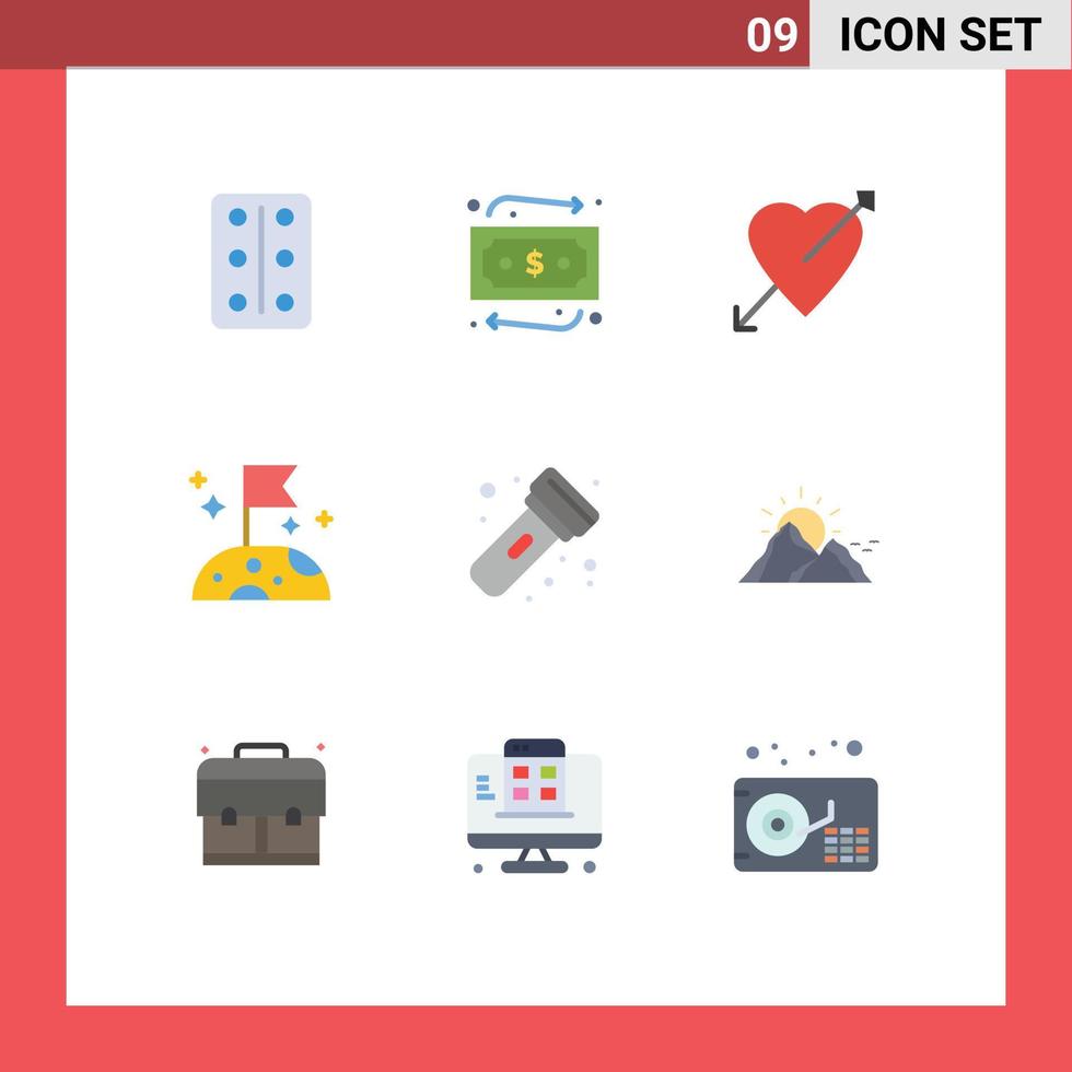 Mobile Interface Flat Color Set of 9 Pictograms of hill light love flashlight space Editable Vector Design Elements