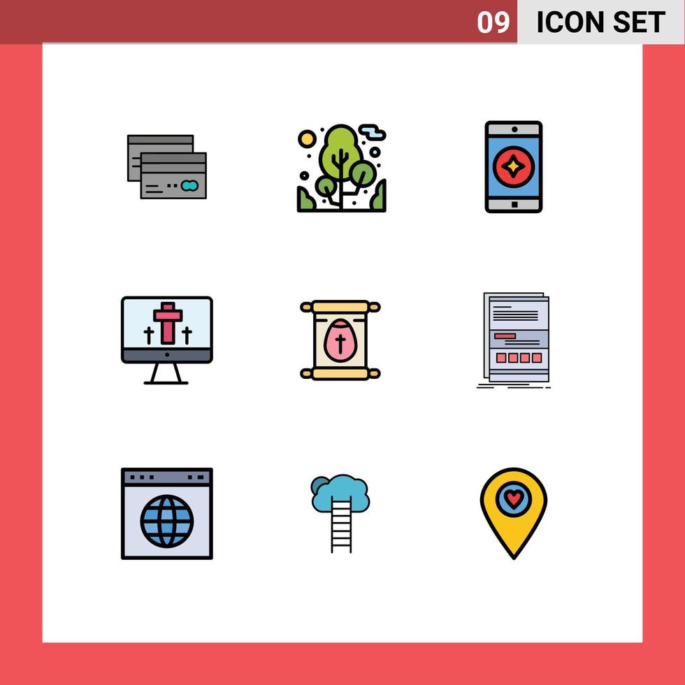 9 User Interface Filledline Flat Color Pack of modern Signs and Symbols of education easter tree screen mobile application Editable Vector Design Elements