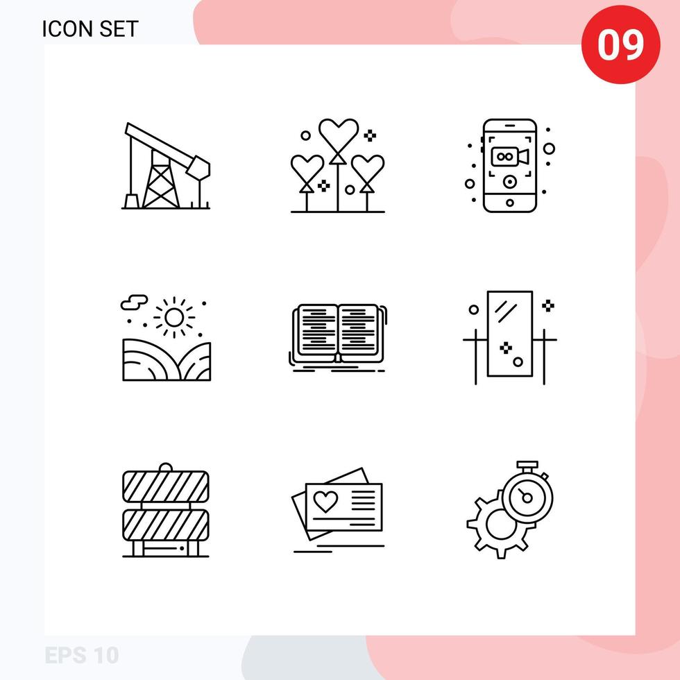 Set of 9 Vector Outlines on Grid for education water camera lake agriculture Editable Vector Design Elements