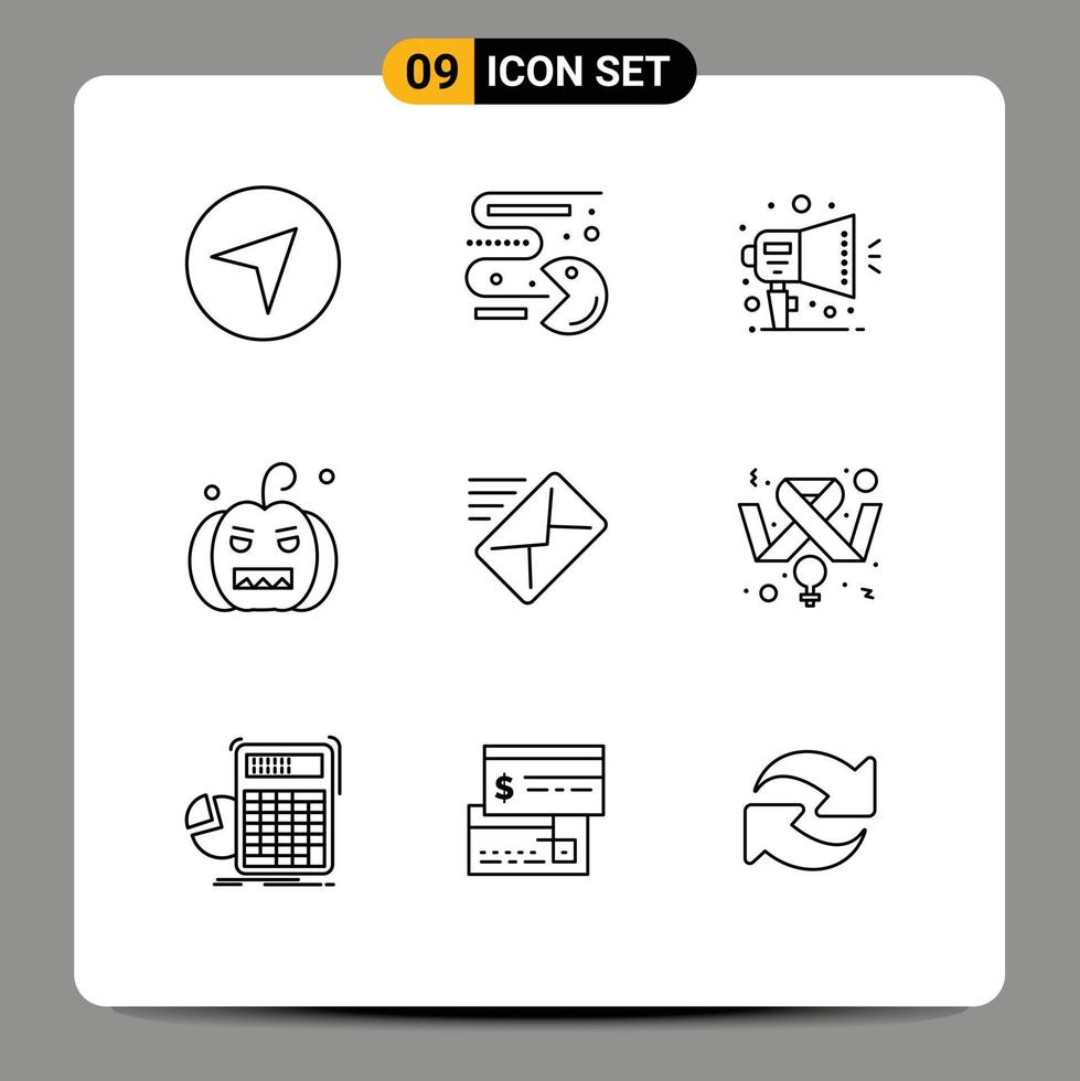 Modern Set of 9 Outlines Pictograph of message email notification pumpkin halloween Editable Vector Design Elements