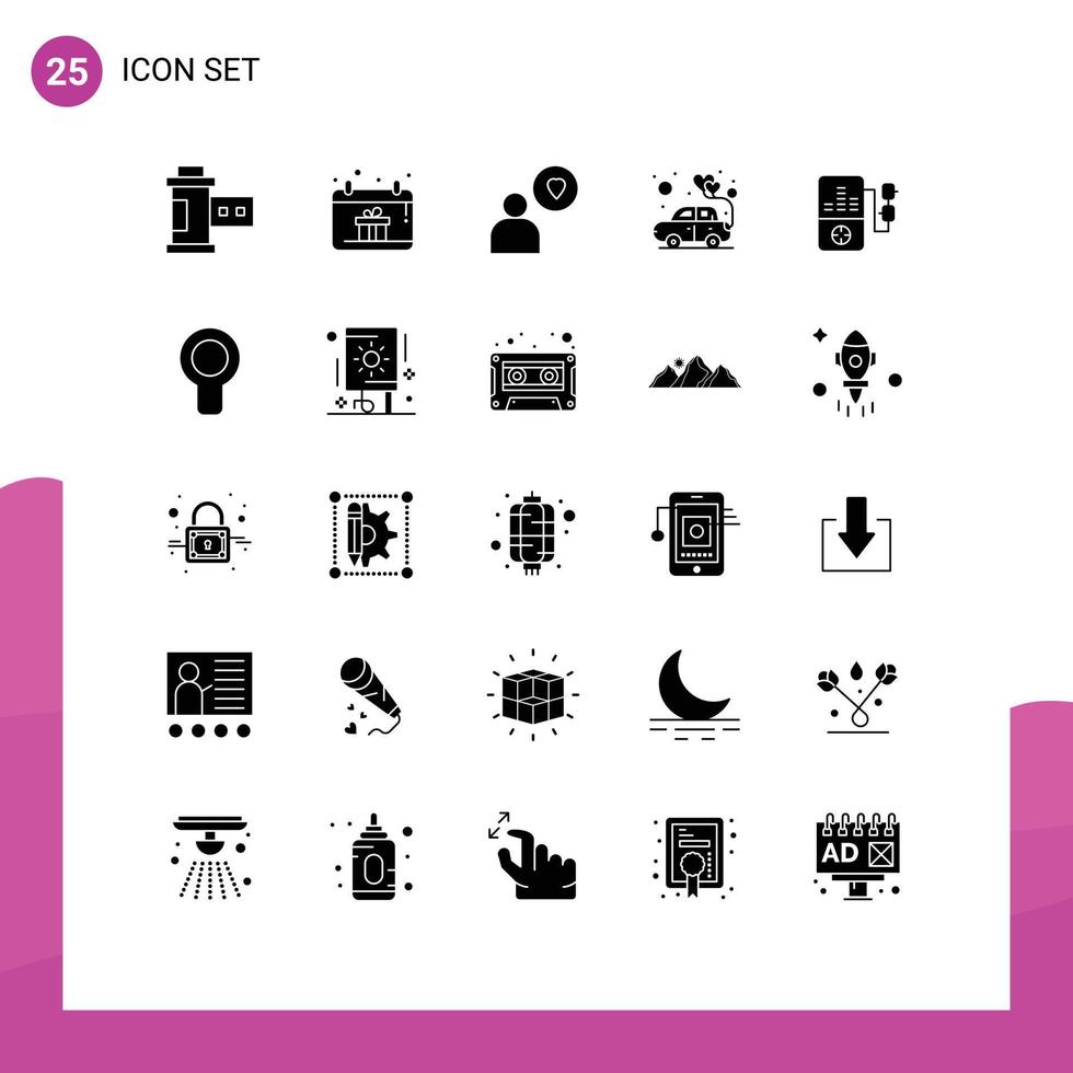 paquete de 25 signos y símbolos de glifos sólidos modernos para medios de impresión web como elementos de diseño de vectores editables de educación música hombre romance corazón
