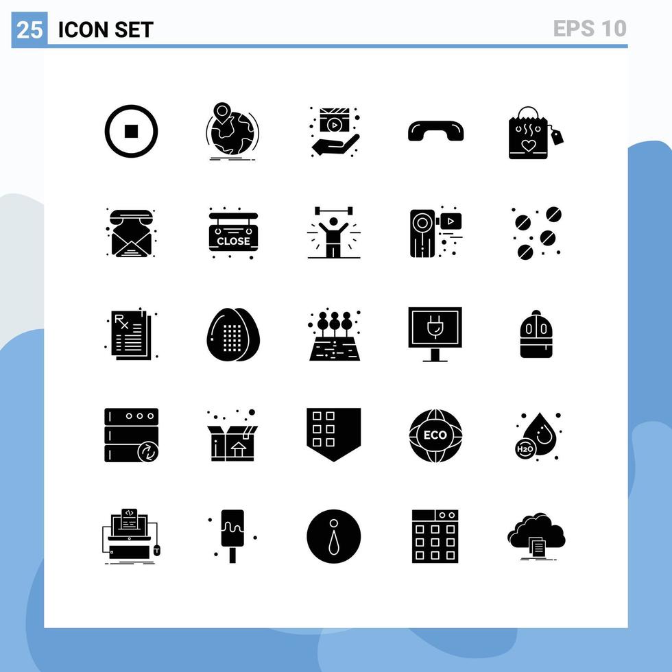 Pack of 25 Modern Solid Glyphs Signs and Symbols for Web Print Media such as up hang up director hang movie Editable Vector Design Elements