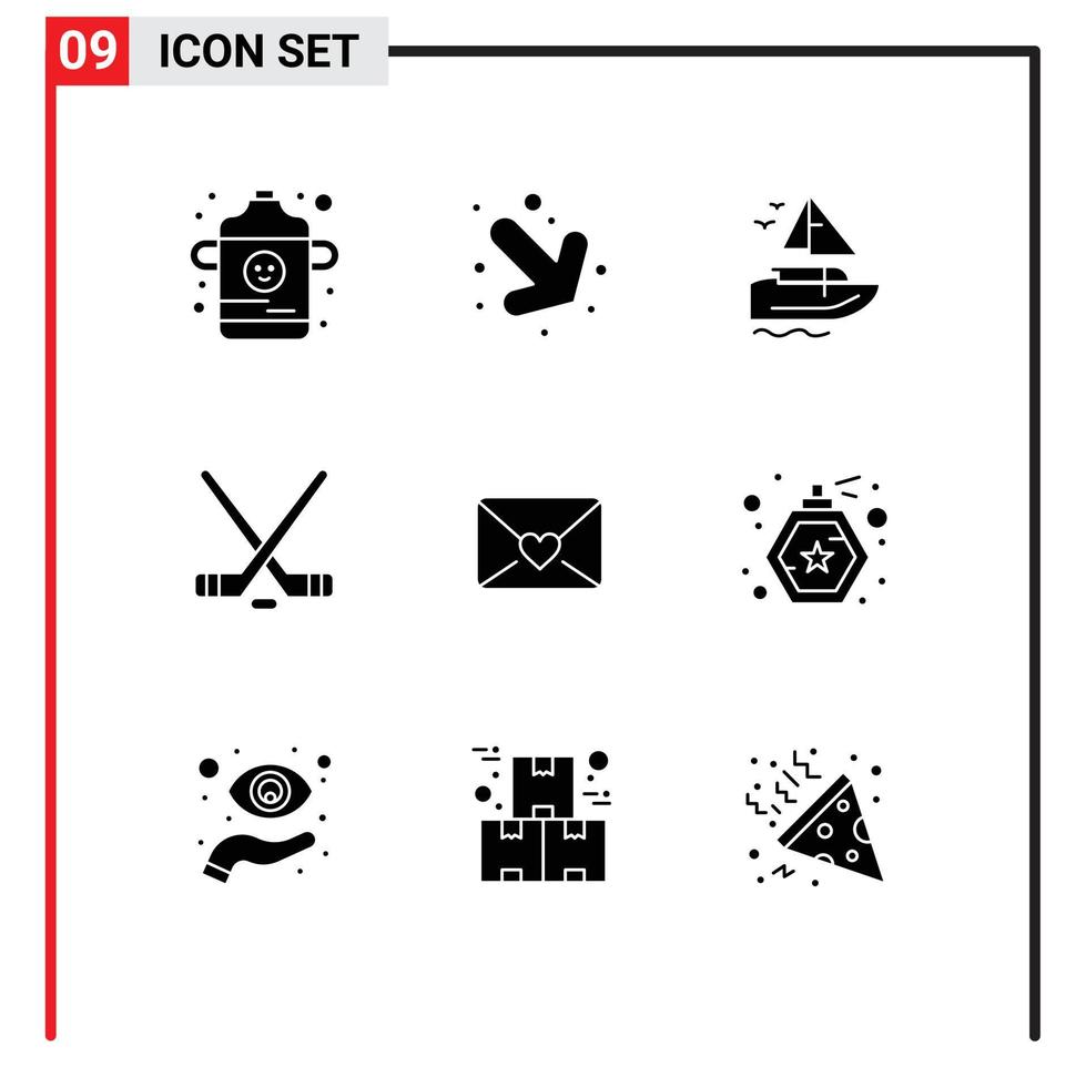 Group of 9 Solid Glyphs Signs and Symbols for bottle love transport mail sport Editable Vector Design Elements