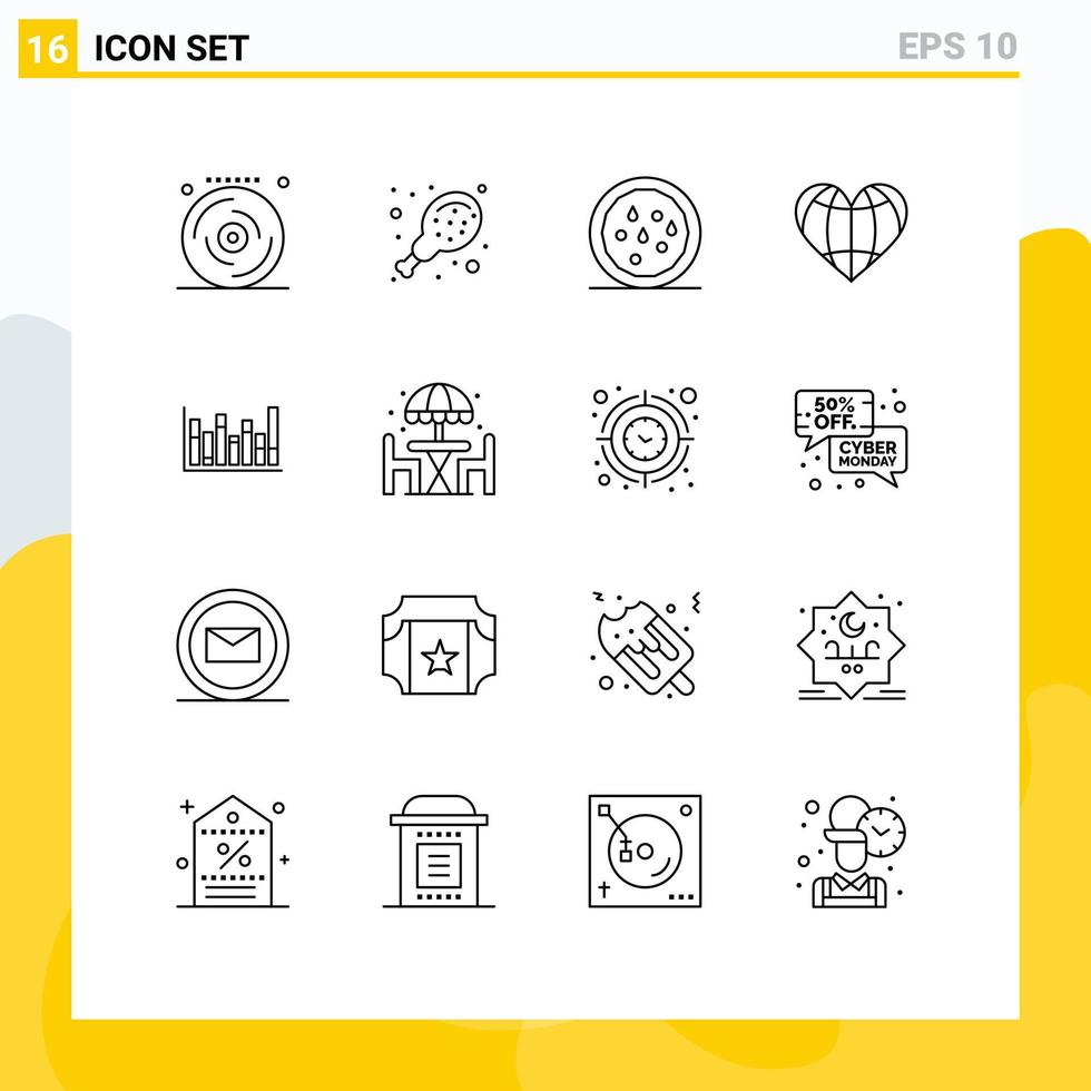 16 User Interface Outline Pack of modern Signs and Symbols of up graph snack globe like Editable Vector Design Elements