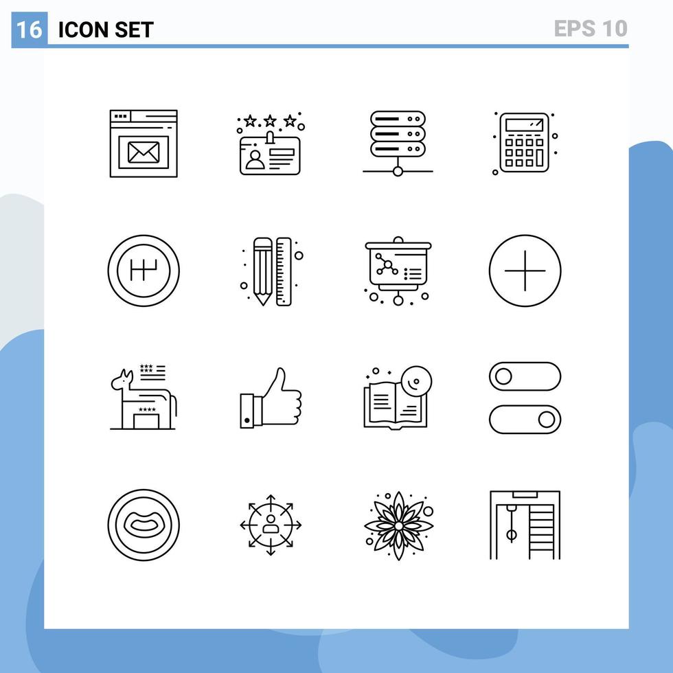 Modern Set of 16 Outlines Pictograph of draw mechanics database gearshift calculate Editable Vector Design Elements