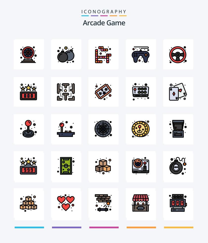 Creative Arcade 25 Line FIlled icon pack  Such As play. fun. tetris. racing car. game vector