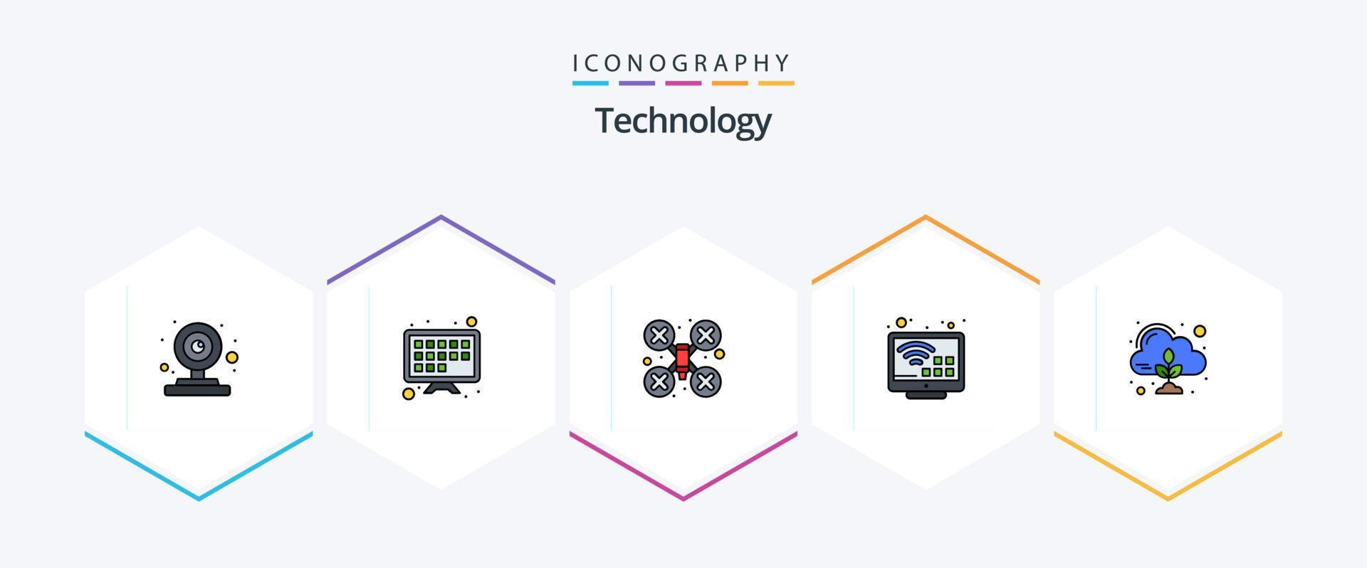 paquete de iconos de tecnología 25 de línea completa que incluye control. emisión. cámara. televisión. Internet vector