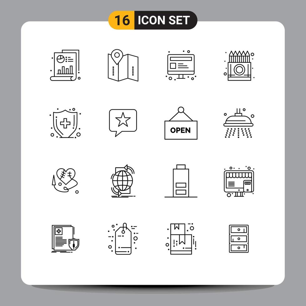 Modern Set of 16 Outlines Pictograph of health insurance drawing computer crayons box Editable Vector Design Elements