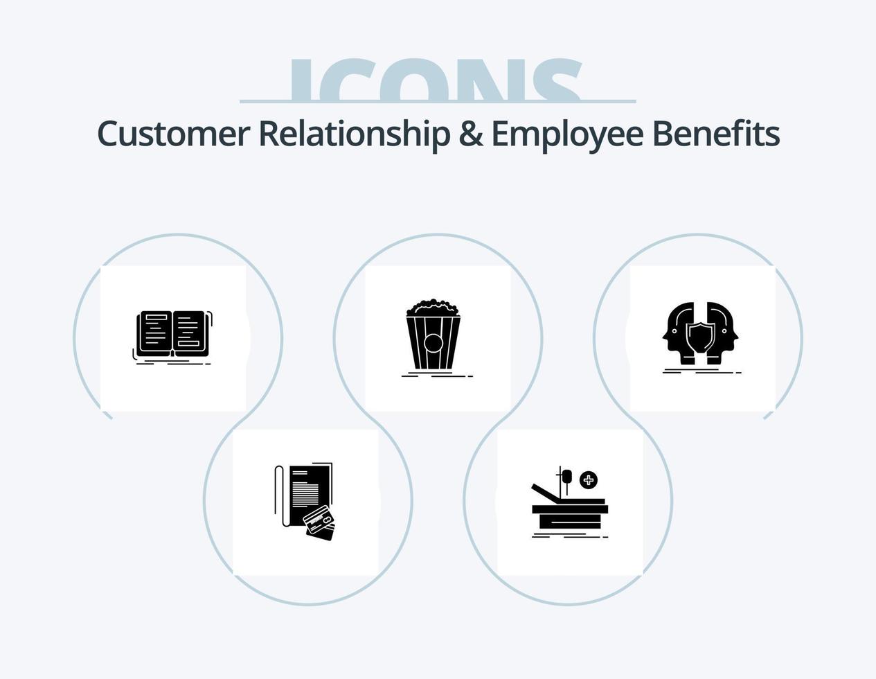 Customer Relationship And Employee Benefits Glyph Icon Pack 5 Icon Design. snack. theater. hospital. popcorn. writing vector