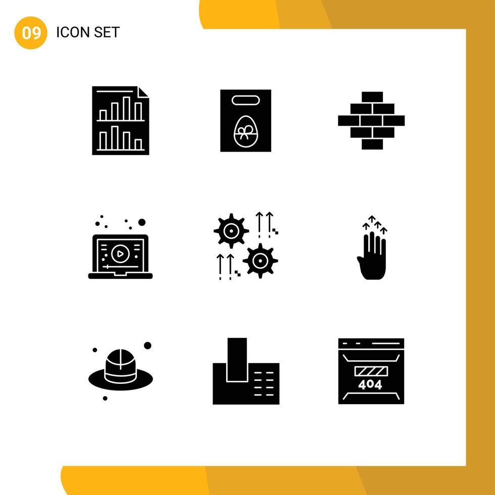 Group of 9 Modern Solid Glyphs Set for gear video easter tutorial internet Editable Vector Design Elements