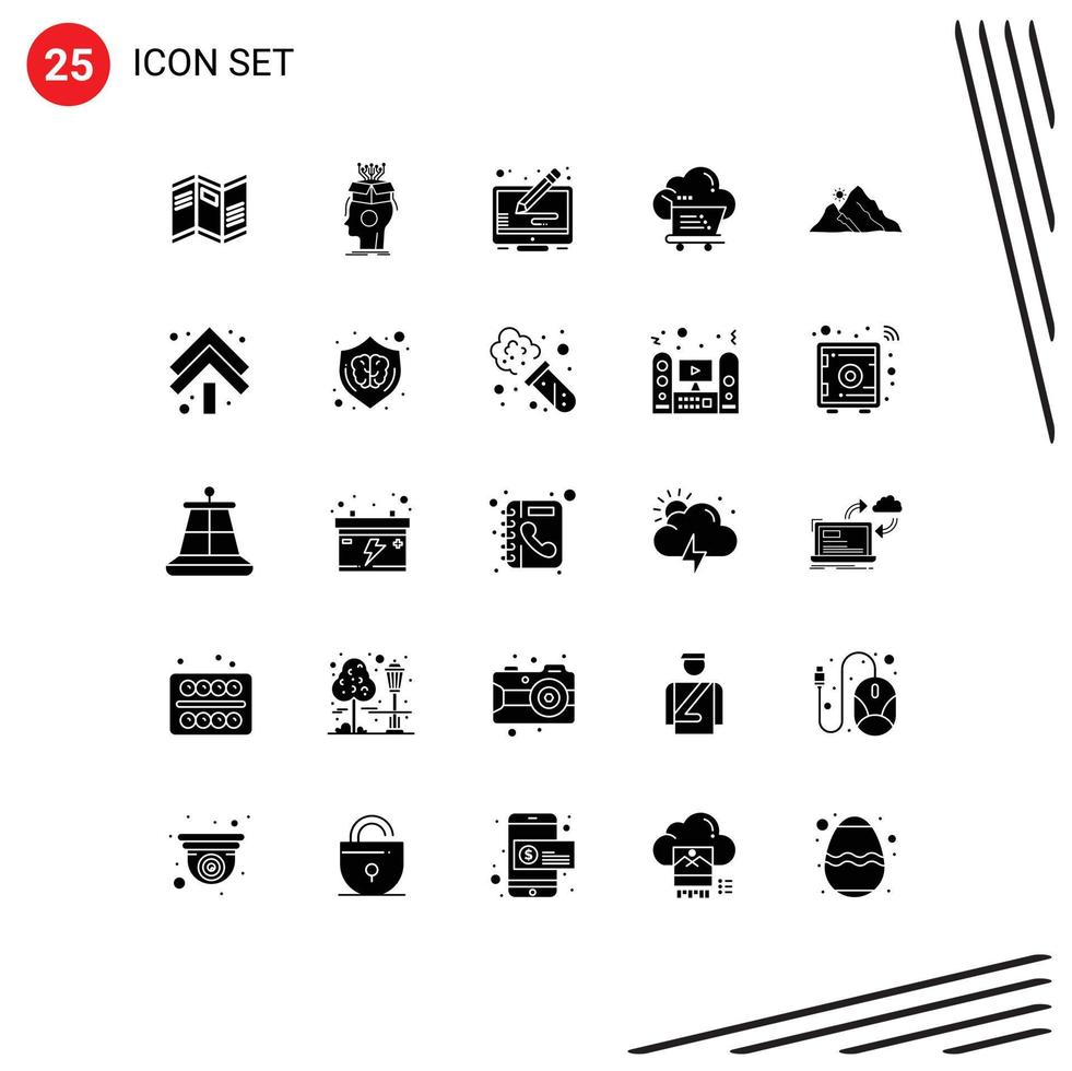 25 Universal Solid Glyphs Set for Web and Mobile Applications trolley cart head cloud screen Editable Vector Design Elements