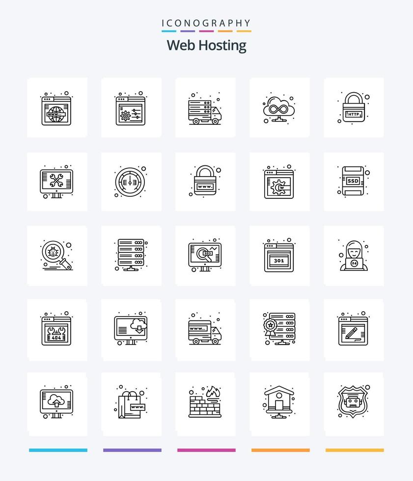 Creative Web Hosting 25 OutLine icon pack  Such As internet. domain. internet. web. browser vector