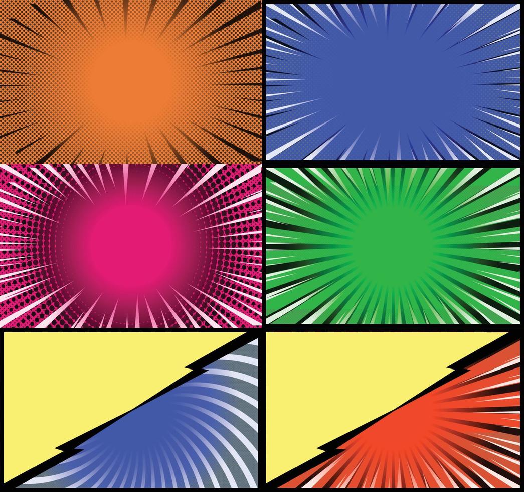 Comic book colorful frames background with halftone rays radial and dotted effects pop art style vector