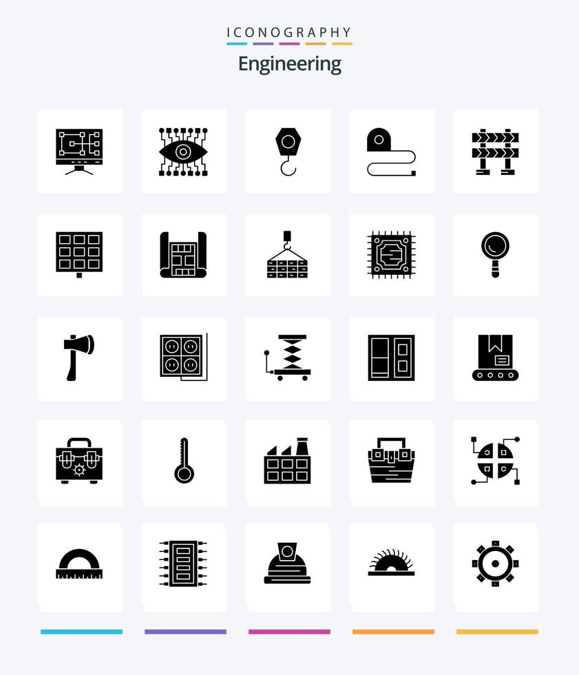 paquete de iconos de ingeniería creativa de 25 glifos en negro sólido, como solar. construcción. gancho. barrera. Cinta vector