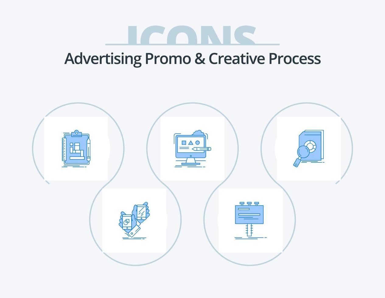 promoción publicitaria y proceso creativo blue icon pack 5 diseño de iconos. diseño. Arte. cartelera. flujo de trabajo. esquema vector