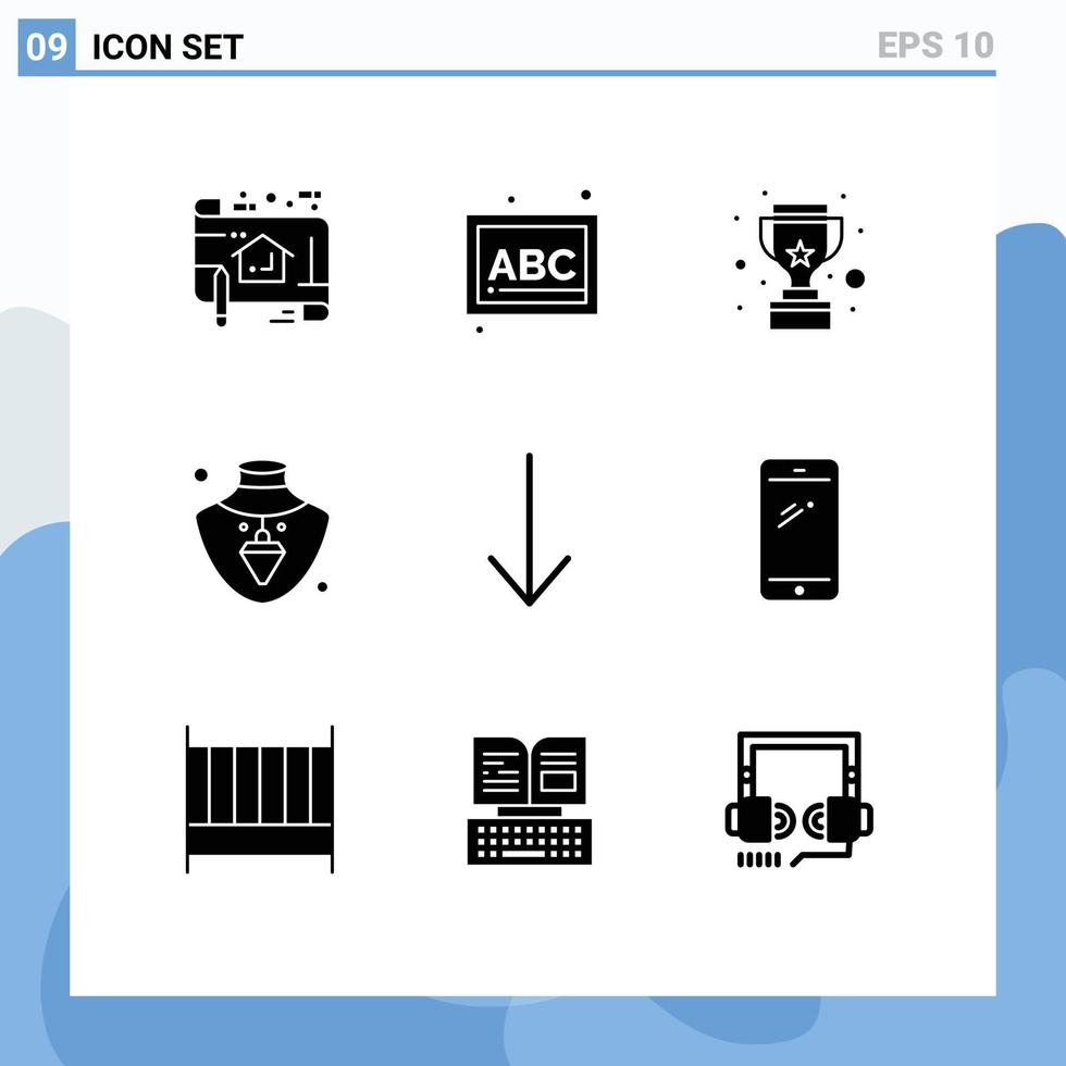 Set of 9 Modern UI Icons Symbols Signs for down gold school jewelry reward Editable Vector Design Elements