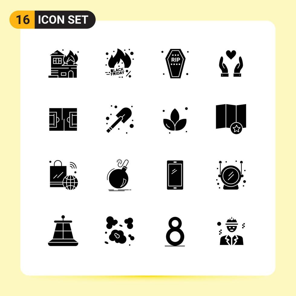 Mobile Interface Solid Glyph Set of 16 Pictograms of football love trending hand funeral Editable Vector Design Elements