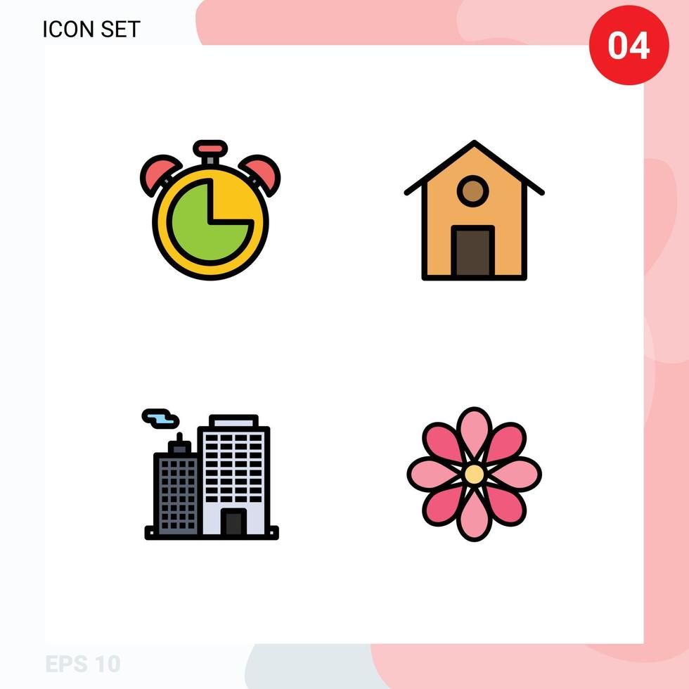 Universal Icon Symbols Group of 4 Modern Filledline Flat Colors of alarm corporation timer building flower Editable Vector Design Elements