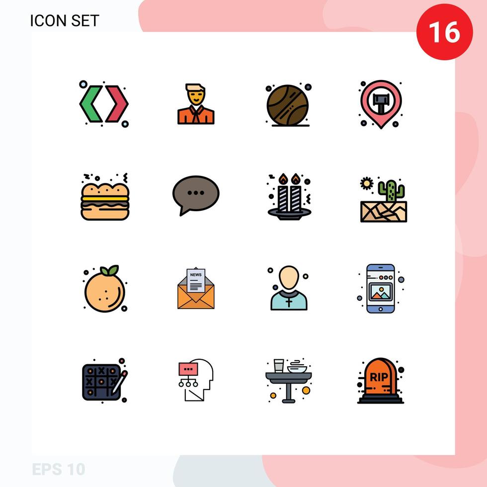 Pictogram Set of 16 Simple Flat Color Filled Lines of fast food map pin avatar sticky location Editable Creative Vector Design Elements