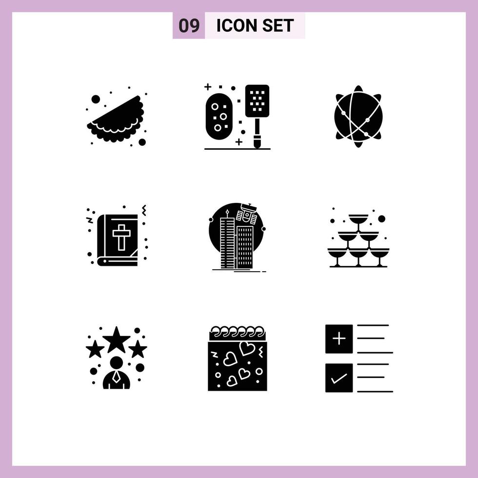9 Thematic Vector Solid Glyphs and Editable Symbols of technology building globe education book Editable Vector Design Elements